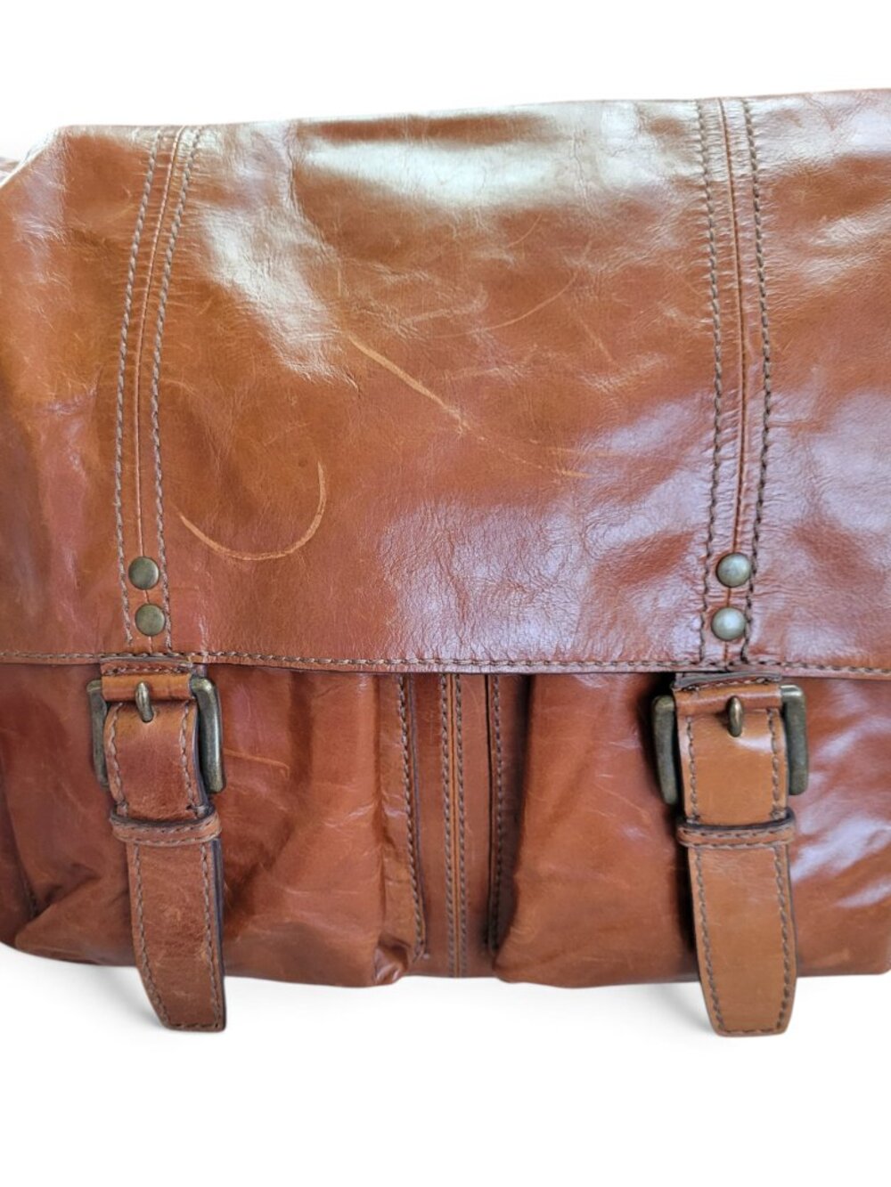 Fossil Cognac Brown Leather Messenger Bag with Adjustable Strap and Pockets - Picture 16 of 16